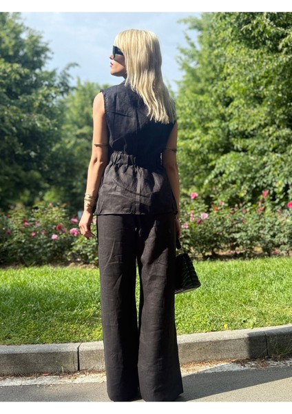 Siyah %100 Keten Lastikli Pantolon