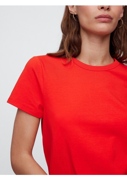 Kadın Canlı Kırmızı Bisiklet Yaka T-Shirt modelleri