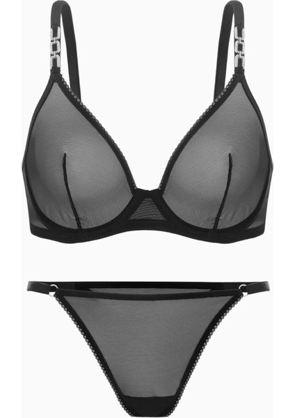 Fashion 2565 Siyah Tül Aksesuar Detaylı Kapsız Sütyen ve Külot Takımı
