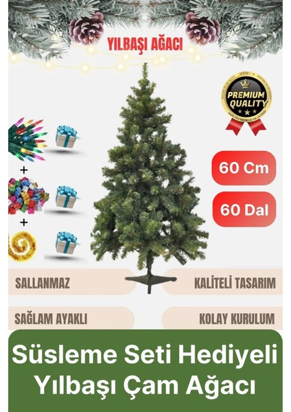 Premium Kalite Yeni Yıl Süsleme Seti Renkli Işık Hediyeli Yılbaşı Çam Ağacı Noel Paketi 60 cm 60 Dal