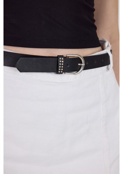 Siyah Oval Tokalı Zımba Detaylı Kemer 437