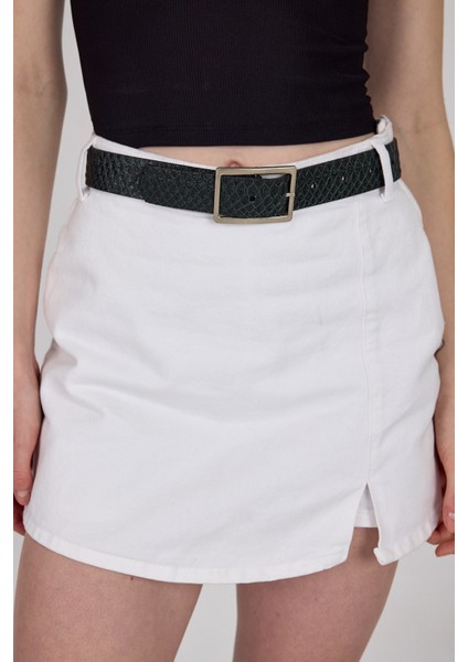 Siyah Yılan Desen Görünümlü Gümüş Toka Detaylı Kemer 432