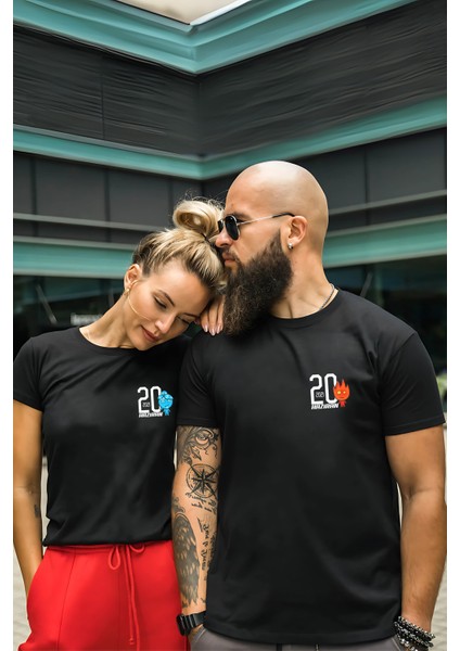 Kişiye Özel Ateş ve Su Tarih Baskılı Sevgili Kombini Sevgiliye Hediye Unisex T-Shirt/tişört