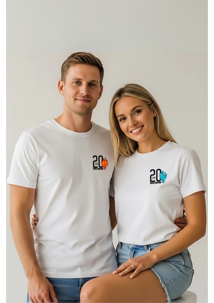 Kişiye Özel Ateş ve Su Tarih Baskılı Sevgili Kombini Sevgiliye Hediye Unisex T-Shirt/tişört