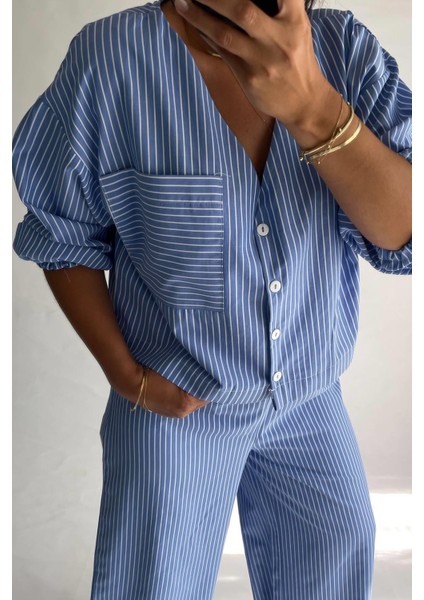 Mavi Çizgili Pamuklu Pijama Takımı