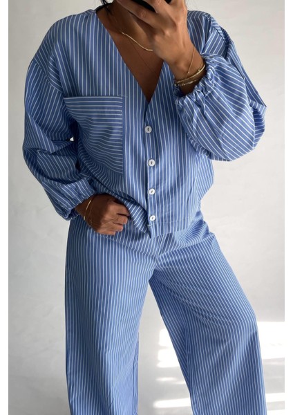 Mavi Çizgili Pamuklu Pijama Takımı modelleri