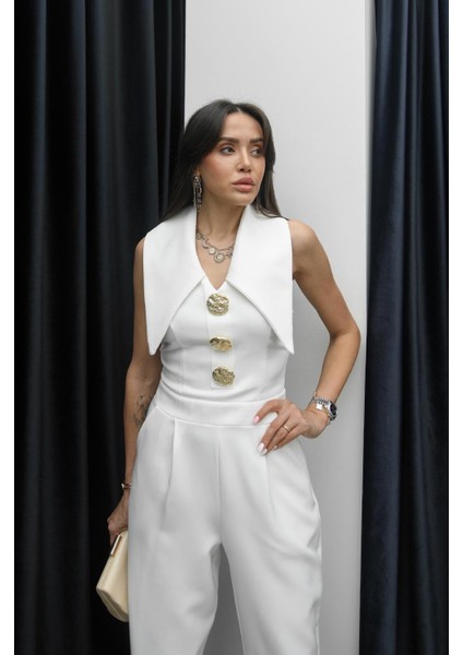 Beyaz Katlı Yakalı Gold Düğmeli Tulum fırsatları
