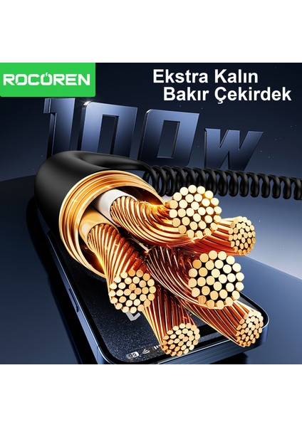 Usb-A To Usb-C 100W / 7A Akım Destekli Oppo/ Huawei / Xiaomi/ Redmi ile Uyumlu Spiral Hızlı Şarj/ Data Kablosu Rgb Işıklı