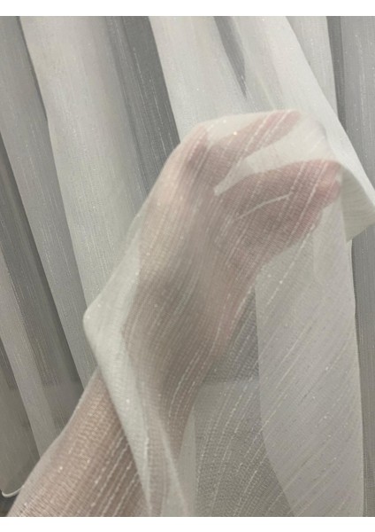 Venedik Armürlü Modern Şık Ekru Gümüş Simli Tül Perde 1/3 Sık Pileli
