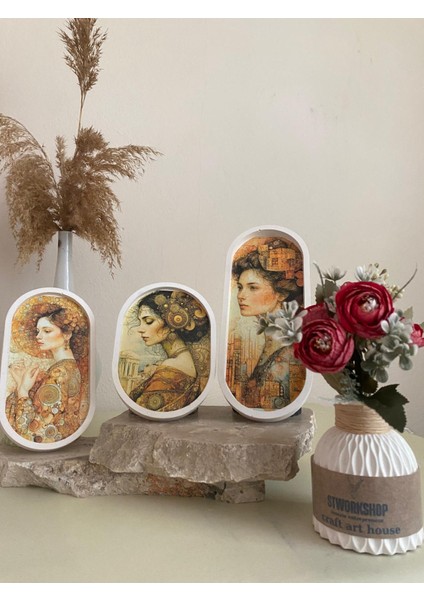 Dekoratif El Yapımı Retro Tasarımlı 3’lü Oval Sunumluk & Duvar Süsü Seti + Hediye Biblo Vazo – Taş Tozu, Vernikli