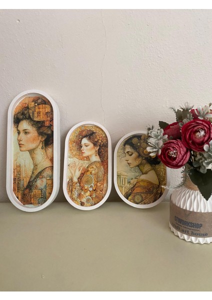 Dekoratif El Yapımı Retro Tasarımlı 3’lü Oval Sunumluk & Duvar Süsü Seti + Hediye Biblo Vazo – Taş Tozu, Vernikli