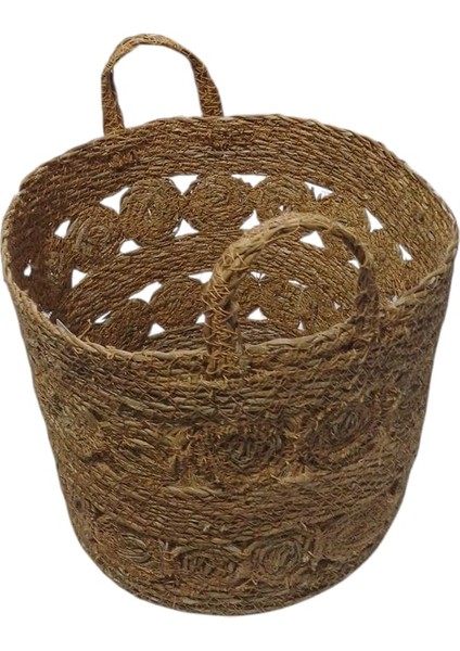 Yuvarlak Kulplu Hasır 2 Desenli Çok Amaçlı Sepet 33X33X28 cm 12110 modelleri
