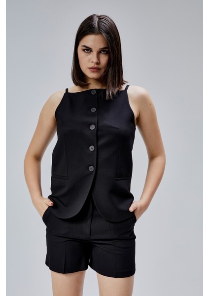 Siyah Regular Fit Astarlı Askılı Yelek