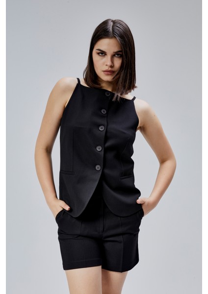 Siyah Regular Fit Astarlı Askılı Yelek