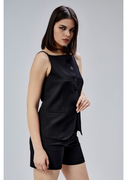 Siyah Regular Fit Astarlı Askılı Yelek