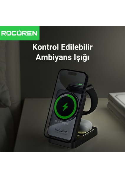 3‘ü 1 Arada iPhone Airpods Apple Watch Magsafe Uyumlu Kablosuz Şarj Cihazı Stand