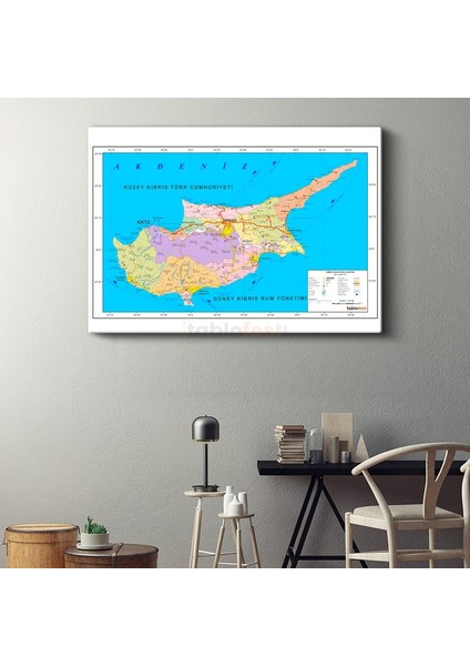 Kıbrıs - Siyasi Haritası Kanvas Tablo