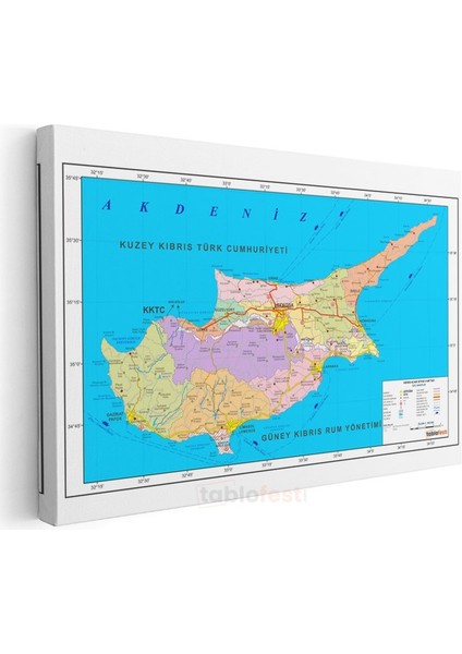 Kıbrıs - Siyasi Haritası Kanvas Tablo