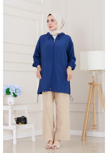 Lastik Detaylı Kapüşonlu Kap-Indigo