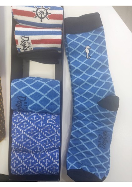 6'lı Çorap Set Design Deniz Atı Çapa Mavi Kırmızı Beyaz Erkek fırsatları