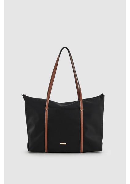 Velie Paraşüt Kumaş Şeritli Shopper Çanta Siyah-Taba