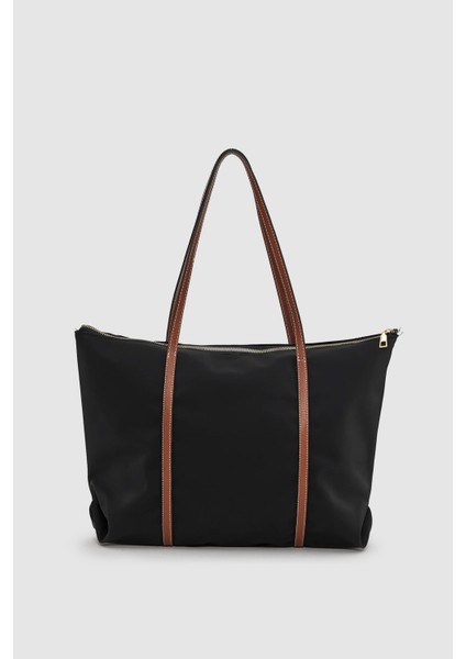Velie Paraşüt Kumaş Şeritli Shopper Çanta Siyah-Taba