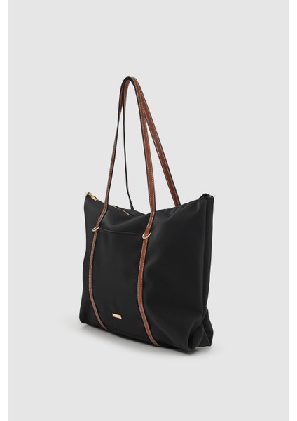 Velie Paraşüt Kumaş Şeritli Shopper Çanta Siyah-Taba