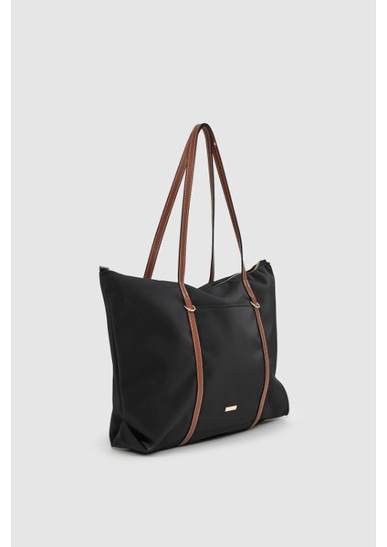 Velie Paraşüt Kumaş Şeritli Shopper Çanta Siyah-Taba