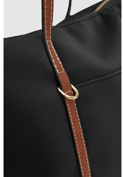 Velie Paraşüt Kumaş Şeritli Shopper Çanta Siyah-Taba
