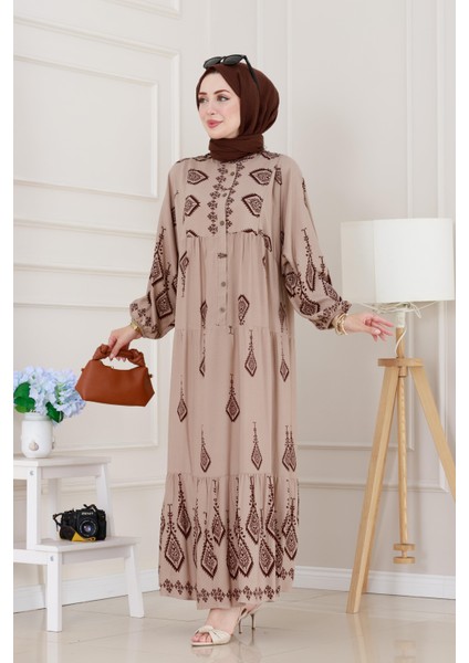 Yarım Düğmeli Robalı Eslem Elbise-Vizon