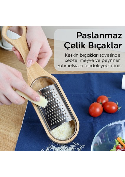 Bambu Saplı Hazneli Rende - Peynir Limon Zencefil Sarımsak Rendesi El Rendesi