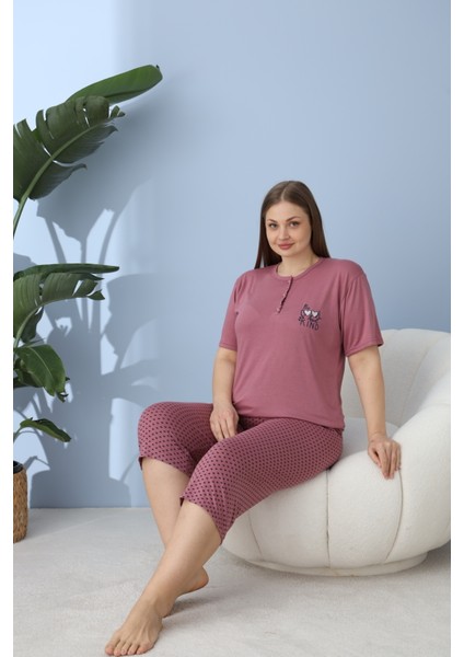 Büyük Beden Battal Viskon Kumaş Kadın Kapri Pijama Takımı