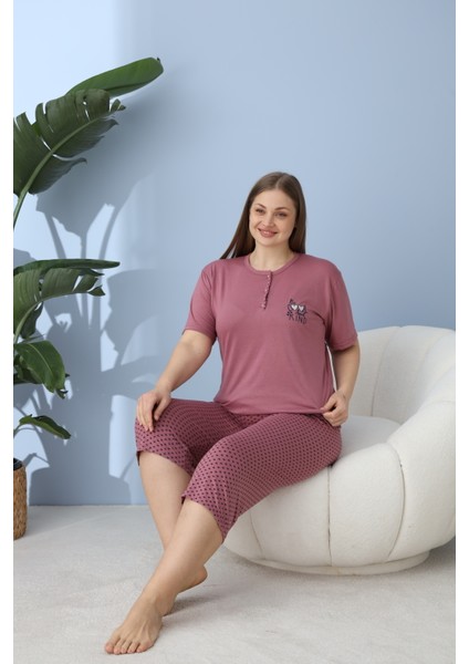 Büyük Beden Battal Viskon Kumaş Kadın Kapri Pijama Takımı