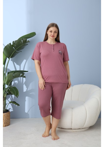 Büyük Beden Battal Viskon Kumaş Kadın Kapri Pijama Takımı