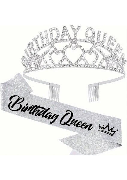 Birthday Queen Yazılı Doğum Günü Tacı ve Kuşağı-Gümüş