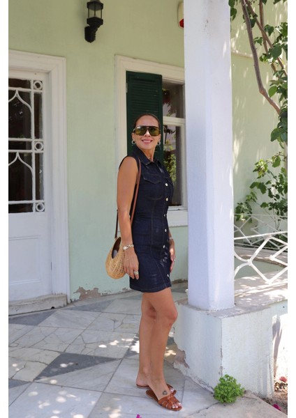 Lacivert Yanları Drape Detay Jean Elbise fiyatları