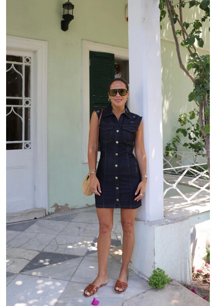 Lacivert Yanları Drape Detay Jean Elbise modelleri