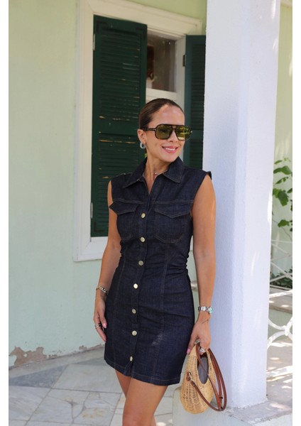 Lacivert Yanları Drape Detay Jean Elbise fırsatları