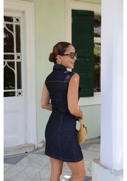 Lacivert Yanları Drape Detay Jean Elbise indirimleri