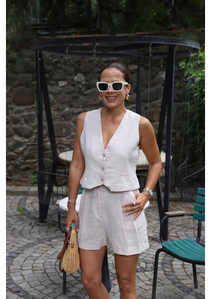 Natural Çift Pile Detay Şort Yelek Takım