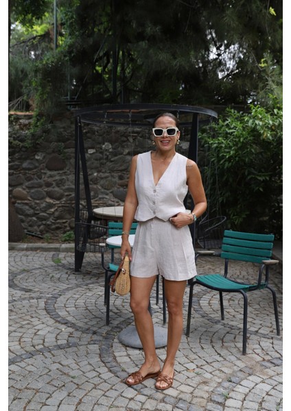 Natural Çift Pile Detay Şort Yelek Takım modelleri