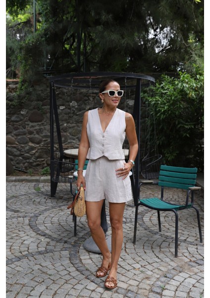 Natural Çift Pile Detay Şort Yelek Takım fırsatları