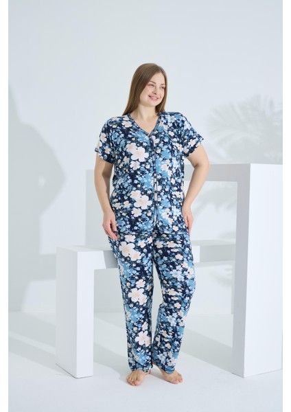 Bambu Kısa Kol Düğmeli Büyük Beden Kadın Pijama Takımı 74059