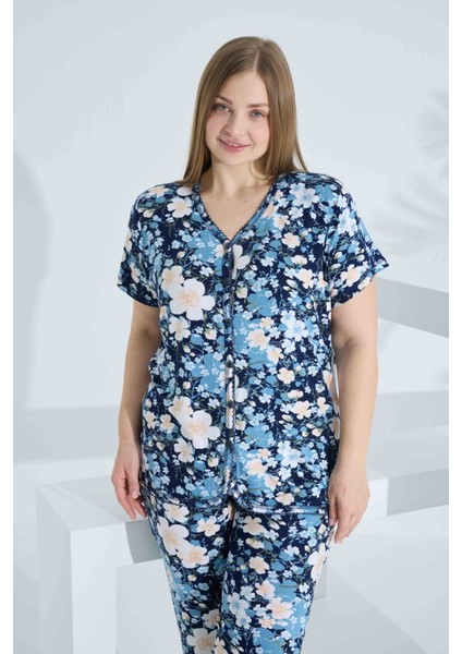 Bambu Kısa Kol Düğmeli Büyük Beden Kadın Pijama Takımı 74059 modelleri