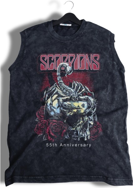 Scorpions Baskılı Yıkamalı Kolsuz Tişört, Unisex Rock Band Temalı Sıfır Kol Eskitme Atlet