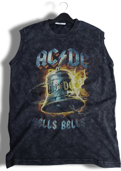Ac Dc Baskılı Yıkamalı Kolsuz Tişört, Unisex Rock Band Temalı Sıfır Kol Retro Atlet