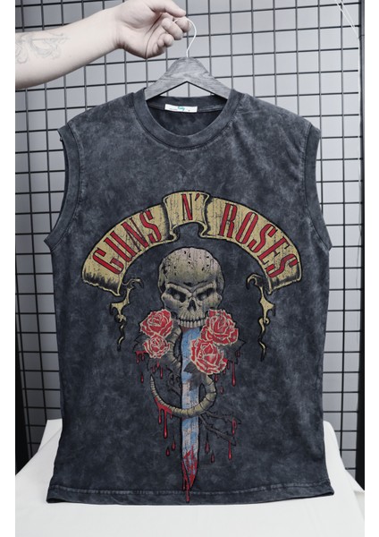 Guns N' Roses Baskılı Yıkamalı Kolsuz Tişört, Unisex Rock Band Temalı Sıfır Kollu Retro Atlet