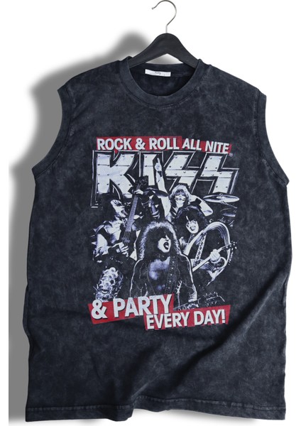Rock And Roll Kiss Baskılı Yıkamalı Kolsuz Tişört, Unisex Rock Band Temalı Sıfır Kol Retro Atlet