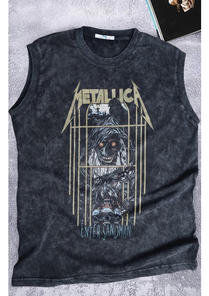 Metallica Enter Sandman Yazılı Yıkamalı Kolsuz Tişört,unisex Rock Band Temalı Sıfır Kol Retro Atlet