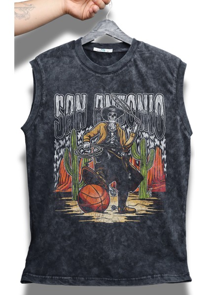San Antonio Yazılı Yıkamalı Kolsuz Tişört, Unisex Basketbol Temalı Sıfır Kollu Vintage Atlet